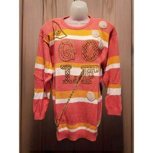 New IB Diffusion Pink Orange Beaded Golf Novelty Tunic Sweater Sz S Oversized